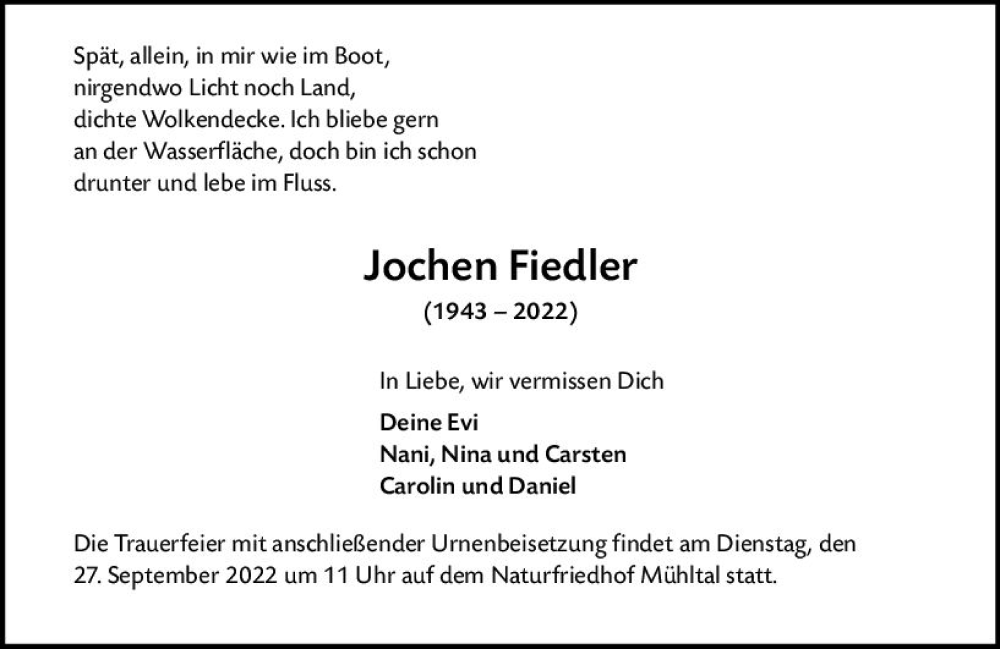  Traueranzeige für Jochen Fiedler vom 17.09.2022 aus vrm-trauer Darmstädter Echo