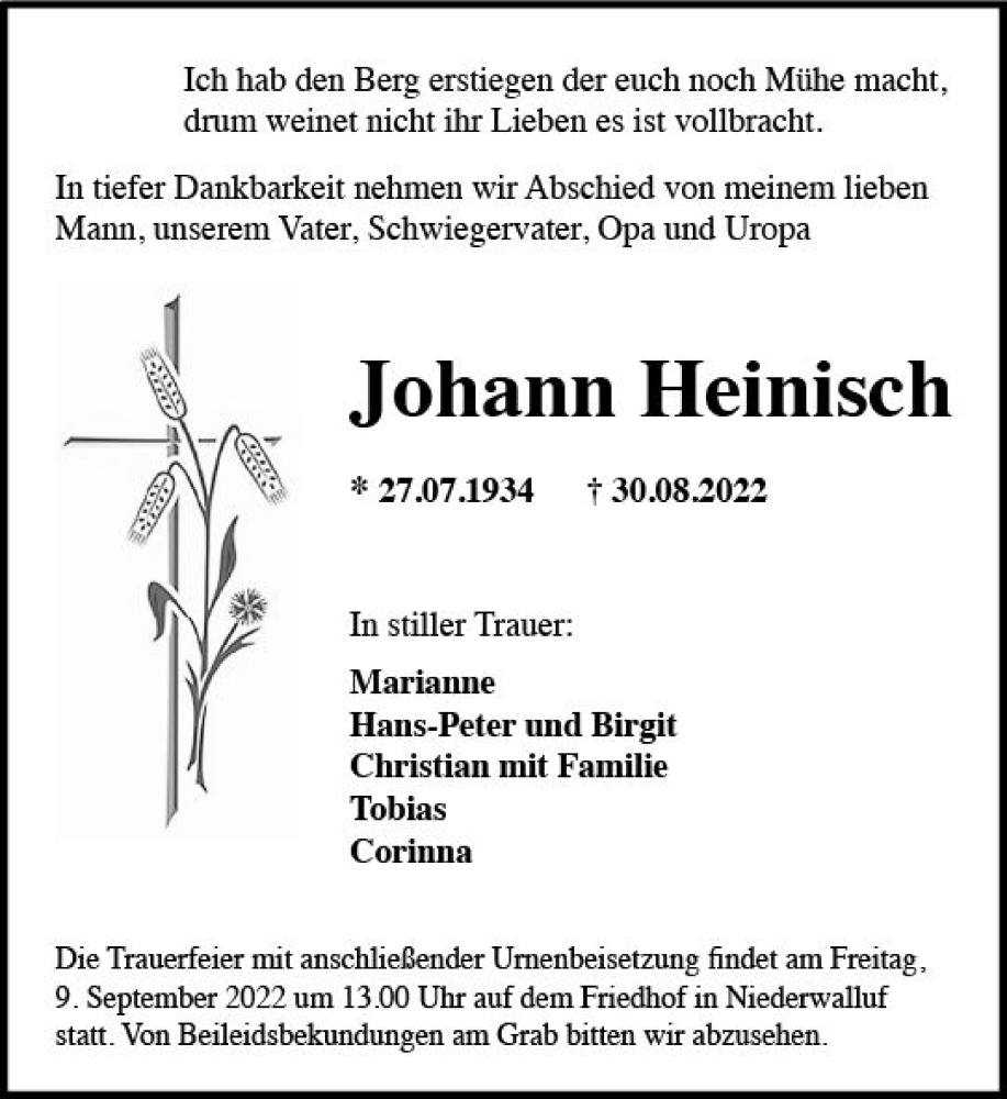  Traueranzeige für Johann Heinisch vom 03.09.2022 aus vrm-trauer Rheingau