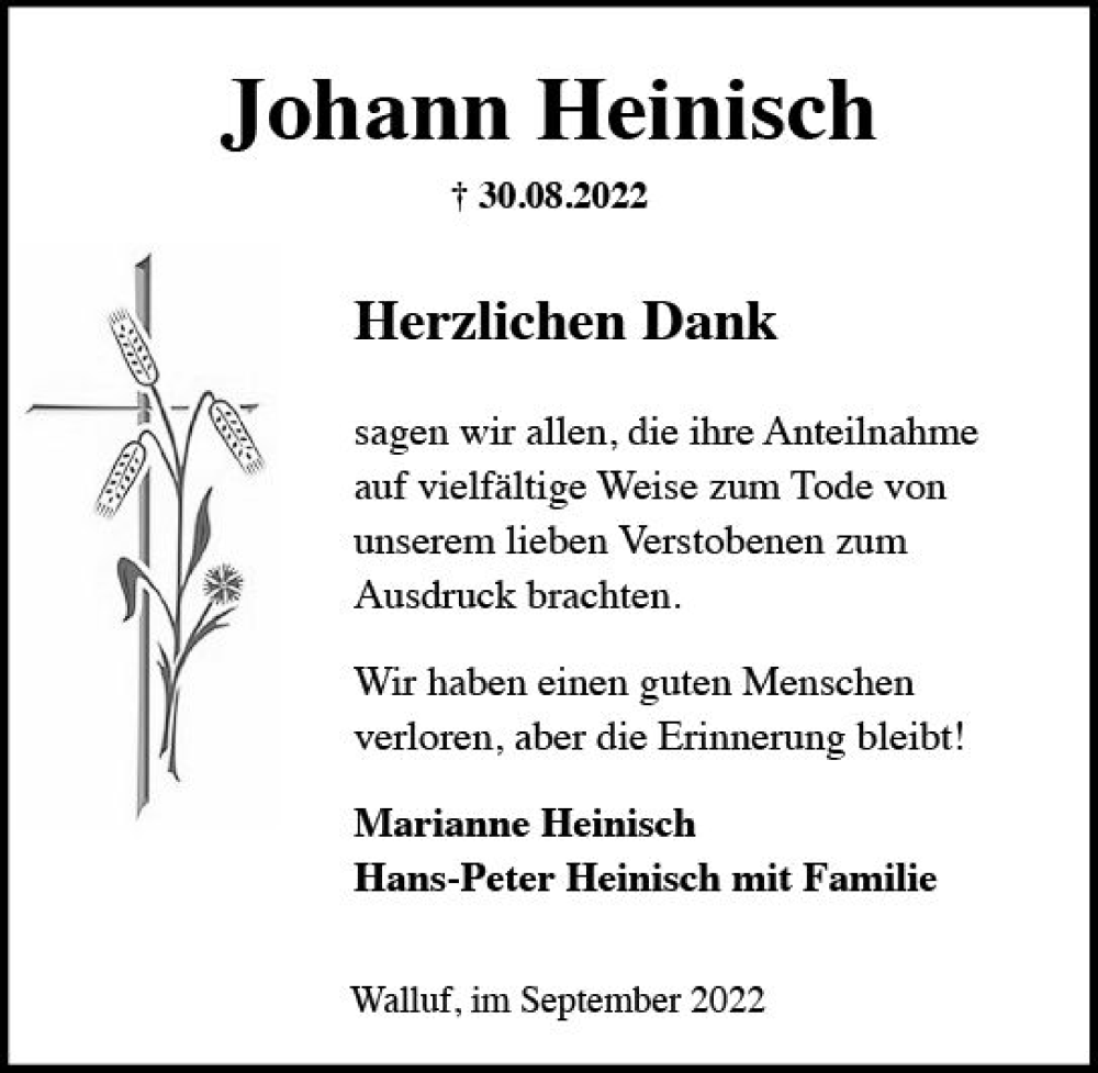  Traueranzeige für Johann Heinisch vom 24.09.2022 aus vrm-trauer Rheingau