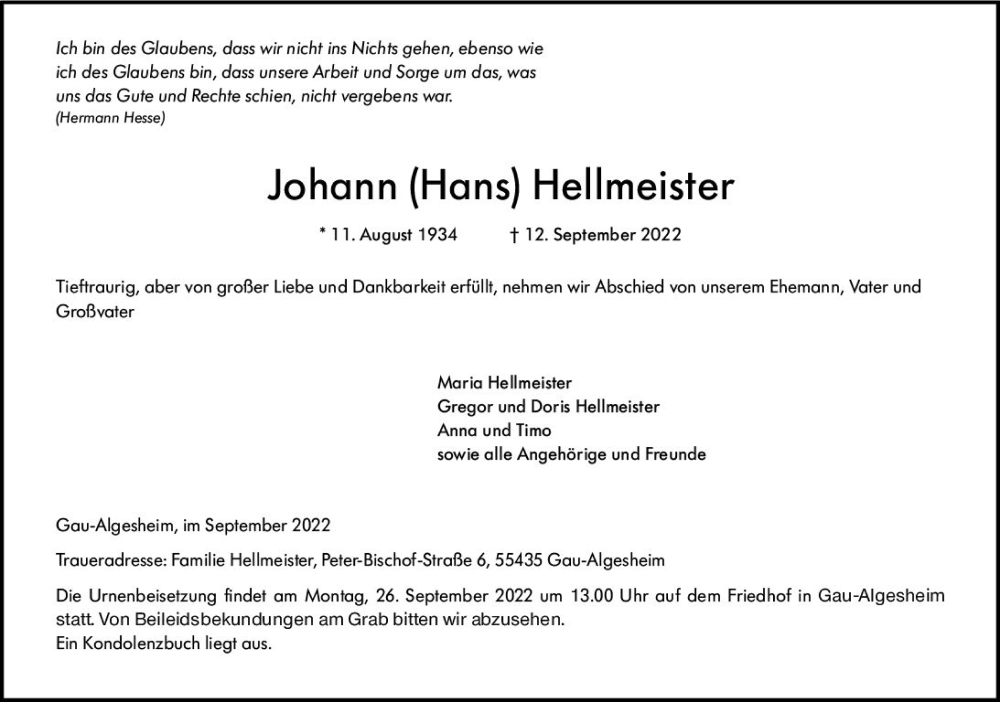 Traueranzeige für Johann Hellmeister vom 17.09.2022 aus vrm-trauer Allgemeine  Zeitung Ingelheim-Bingen