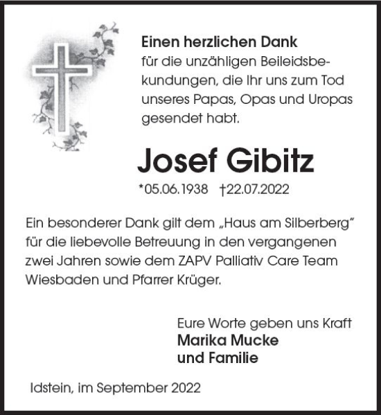 Traueranzeige von Josef Gibitz von vrm-trauer Idsteiner Zeitung