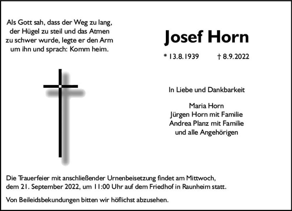  Traueranzeige für Josef Horn vom 17.09.2022 aus vrm-trauer Rüsselsheimer Echo / MainSpitze
