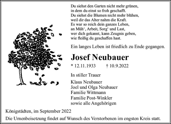 Traueranzeige von Josef Neubauer von vrm-trauer Rüsselsheimer Echo / MainSpitze