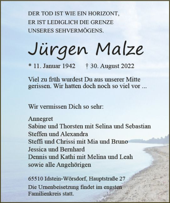 Traueranzeige von Jürgen Malze von vrm-trauer Idsteiner Zeitung