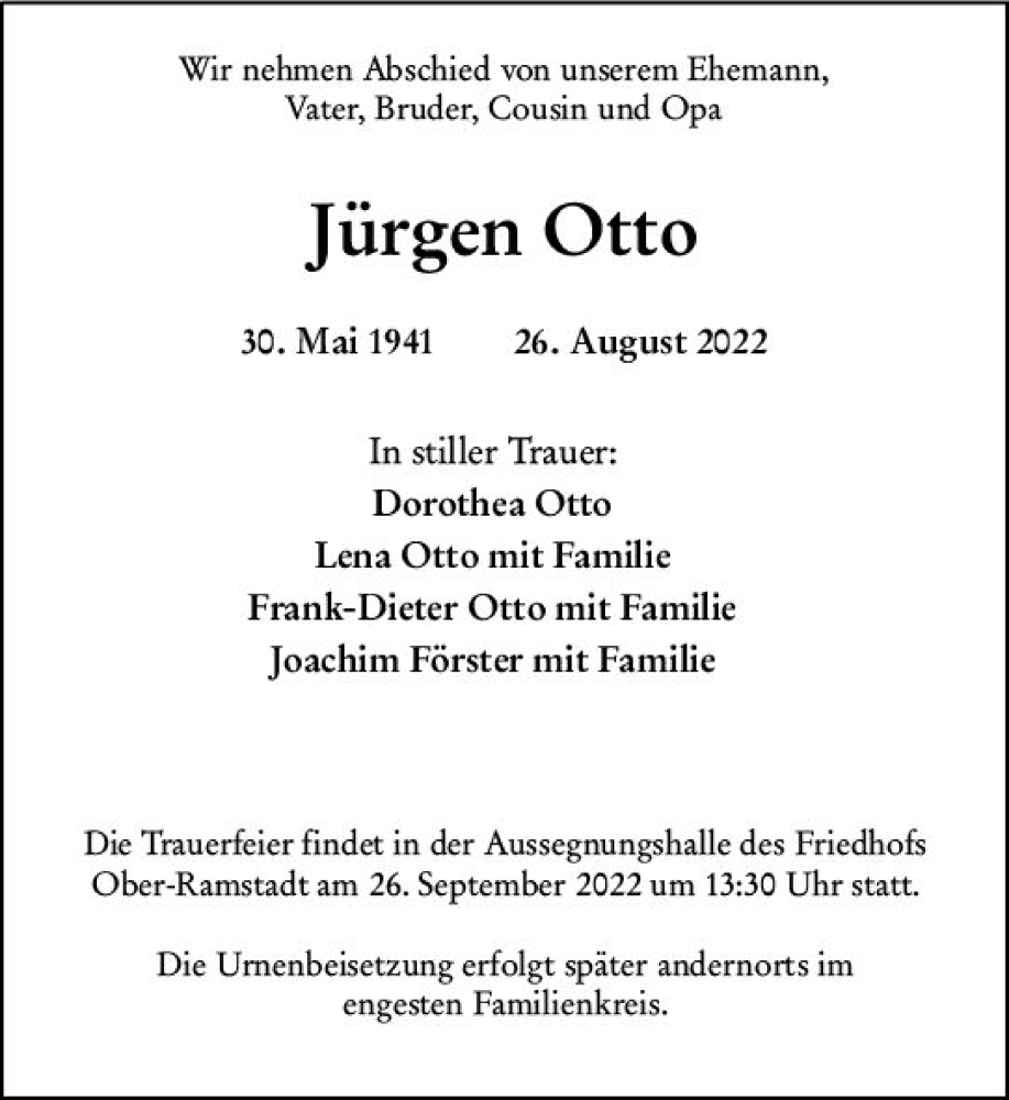  Traueranzeige für Jürgen Otto vom 17.09.2022 aus vrm-trauer Darmstädter Echo