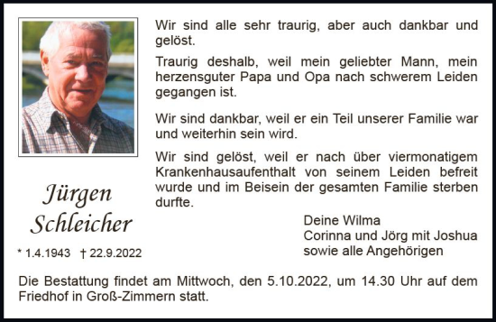Traueranzeige von Jürgen Schleicher von vrm-trauer DieburgerAnzeiger/Groß-Zimmerner Lokala