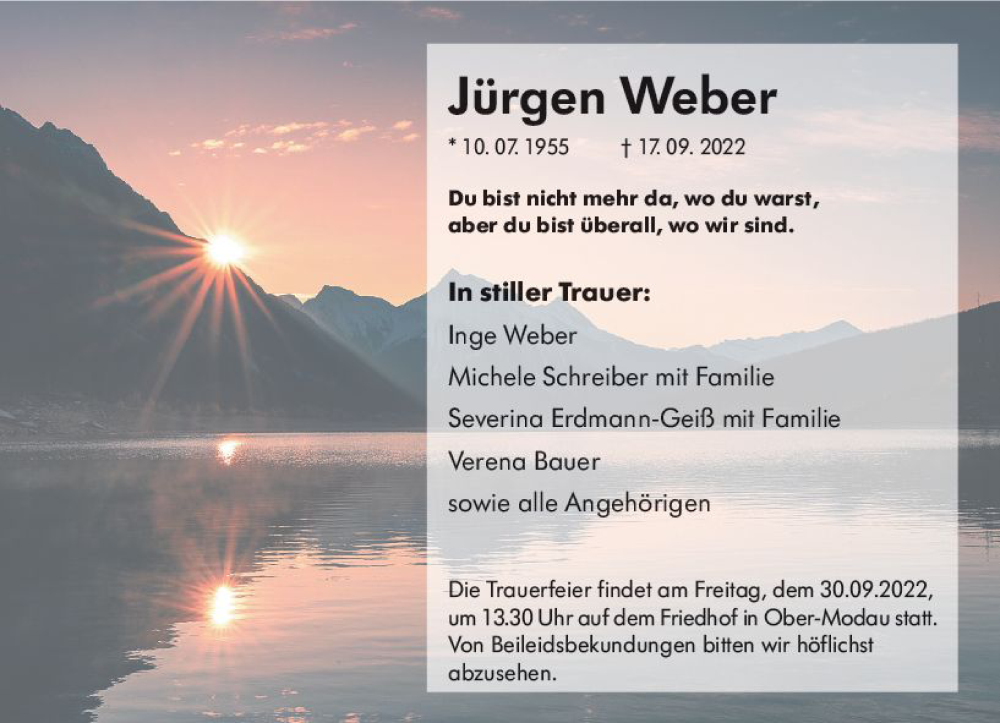  Traueranzeige für Jürgen Weber vom 24.09.2022 aus vrm-trauer Darmstädter Echo