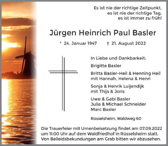 Traueranzeige von Jürgen Heinrich Paul Basler von vrm-trauer Rüsselsheimer Echo / MainSpitze