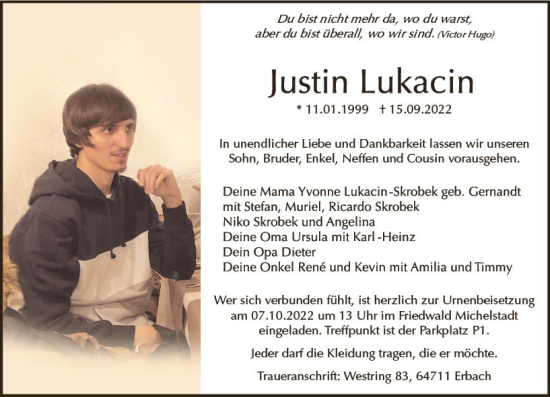Traueranzeige von Justin Lukacin von vrm-trauer Groß-Gerauer Echo