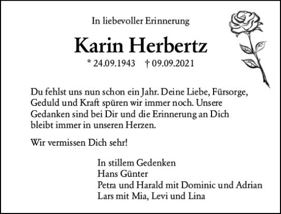Traueranzeige von Karin Herbertz von vrm-trauer Wiesbadener Kurier