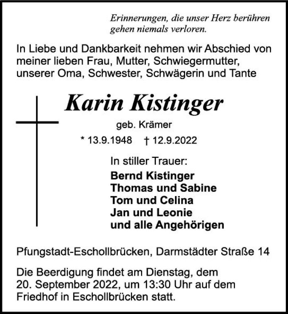  Traueranzeige für Karin Kistinger vom 17.09.2022 aus vrm-trauer Darmstädter Echo