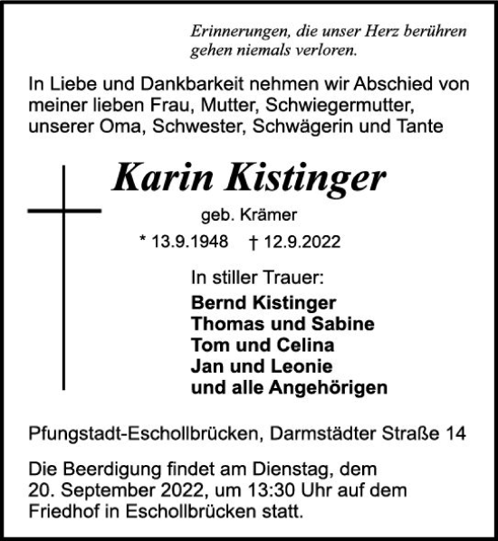 Traueranzeige von Karin Kistinger von vrm-trauer Darmstädter Echo