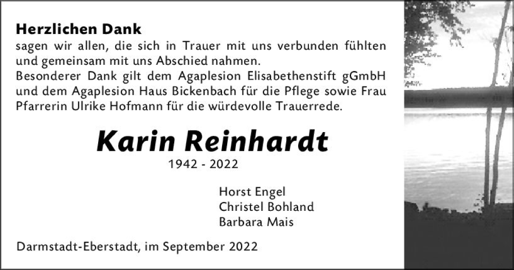  Traueranzeige für Karin Reinhardt vom 10.09.2022 aus vrm-trauer Darmstädter Echo