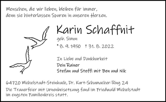 Traueranzeige von Karin Schaffnit von vrm-trauer Odenwälder Echo