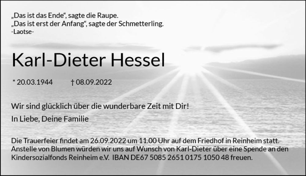  Traueranzeige für Karl-Dieter Hessel vom 17.09.2022 aus vrm-trauer Darmstädter Echo