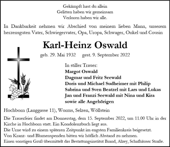 Traueranzeige von Karl-Heinz Oswald von vrm-trauer Allgemeine Zeitung Alzey
