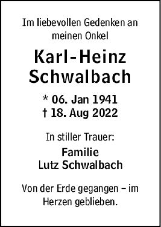 Traueranzeige von Karl-Heinz Schwalbach von vrm-trauer Wiesbadener Kurier