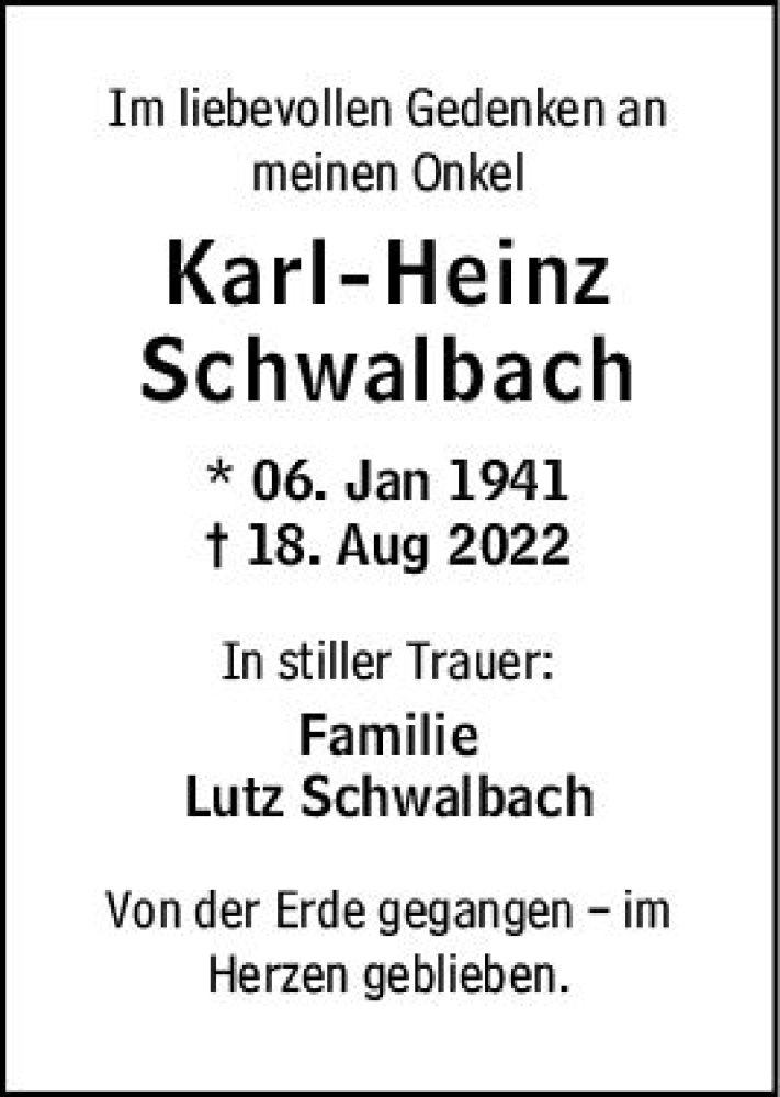  Traueranzeige für Karl-Heinz Schwalbach vom 03.09.2022 aus vrm-trauer Wiesbadener Kurier