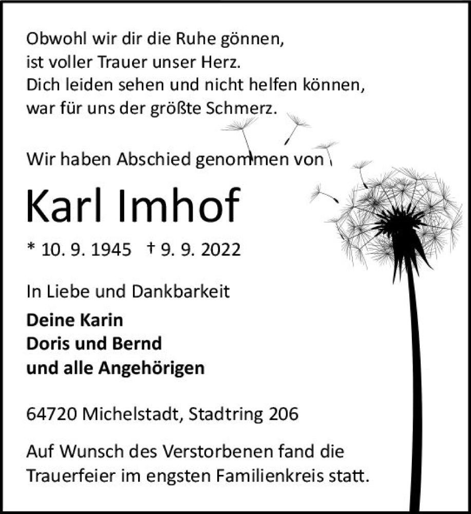  Traueranzeige für Karl Imhof vom 17.09.2022 aus vrm-trauer Odenwälder Echo