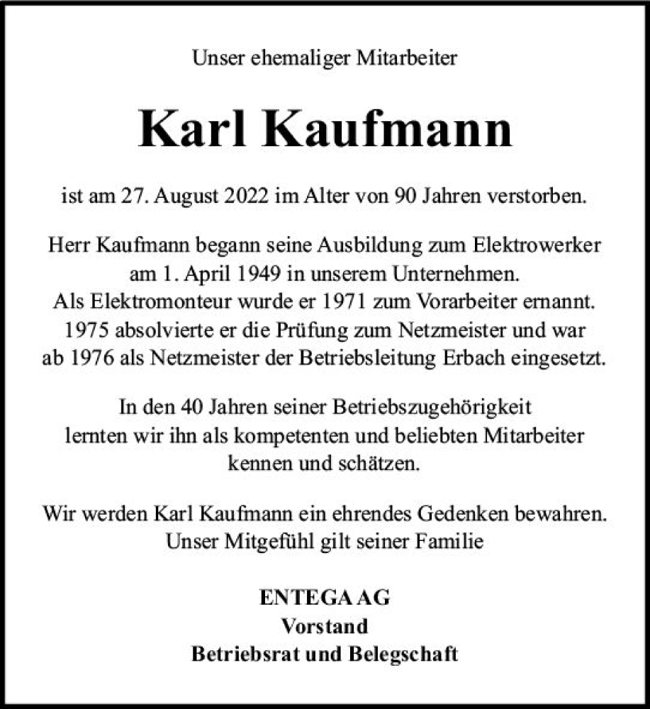  Traueranzeige für Karl Kaufmann vom 10.09.2022 aus vrm-trauer Odenwälder Echo