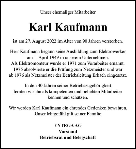 Traueranzeige von Karl Kaufmann von vrm-trauer Odenwälder Echo