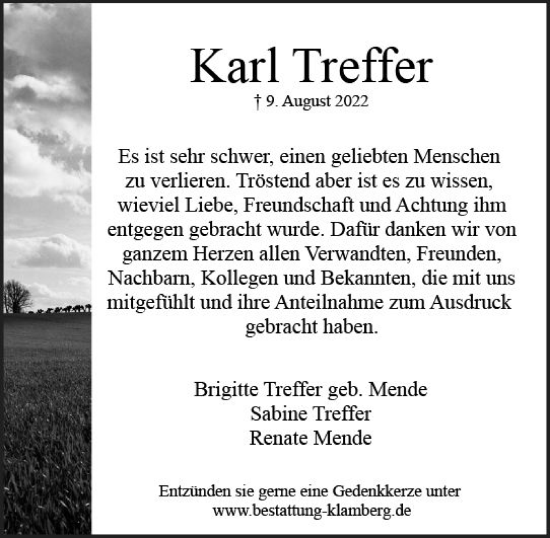 Traueranzeige von Karl Treffer von vrm-trauer Wiesbadener Kurier