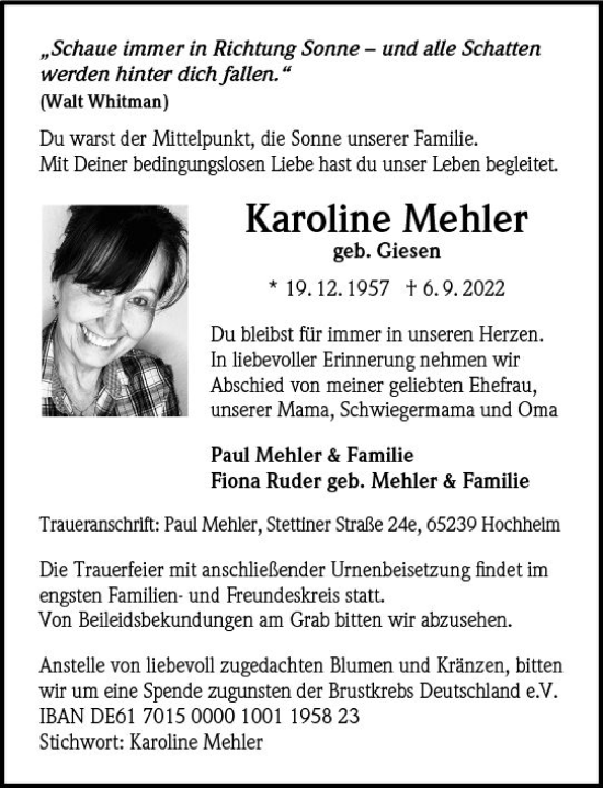 Traueranzeige von Karoline Mehler von vrm-trauer Hochheimer Zeitung