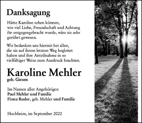 Traueranzeige von Karoline Mehler von vrm-trauer Hochheimer Zeitung