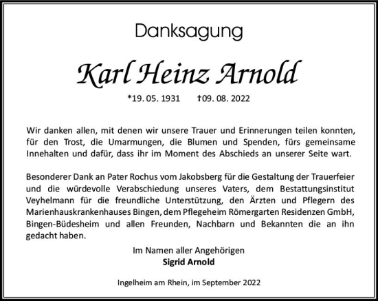 Traueranzeige von Kart Heinz Arnord von vrm-trauer Allgemeine  Zeitung Ingelheim-Bingen