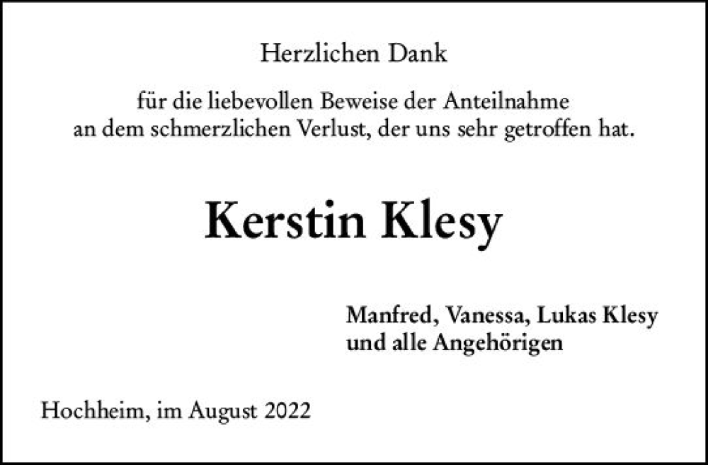  Traueranzeige für Kerstin Klesy vom 02.09.2022 aus vrm-trauer Hochheimer Zeitung