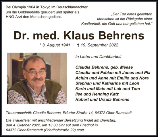 Traueranzeige von Klaus Behrens von vrm-trauer Darmstädter Echo