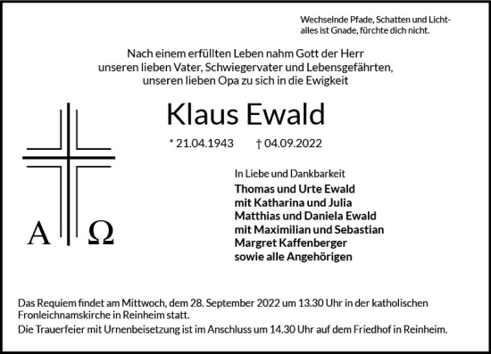 Traueranzeige von Klaus Ewald von vrm-trauer Odenwälder Echo