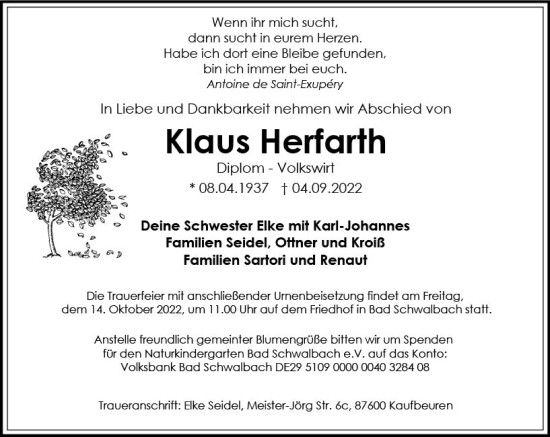 Traueranzeige von Klaus Herfarth von vrm-trauer Wiesbadener Kurier