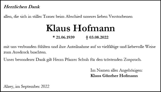 Traueranzeige von Klaus Hofmann von vrm-trauer Allgemeine Zeitung Alzey