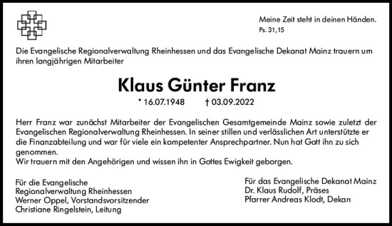 Traueranzeige von Klaus Günter Franz von vrm-trauer AZ Mainz