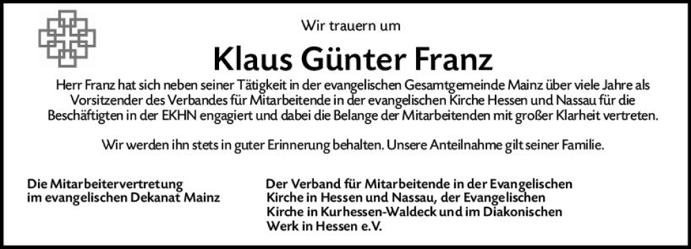  Traueranzeige für Klaus Günter Franz vom 14.09.2022 aus vrm-trauer AZ Mainz