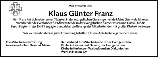 Traueranzeige von Klaus Günter Franz von vrm-trauer AZ Mainz