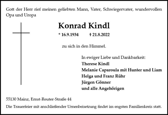 Traueranzeige von Konrad Kindl von vrm-trauer AZ Mainz
