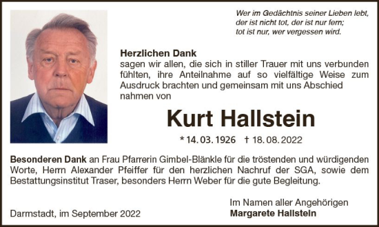 Traueranzeige von Kurt Hallstein von vrm-trauer Darmstädter Echo