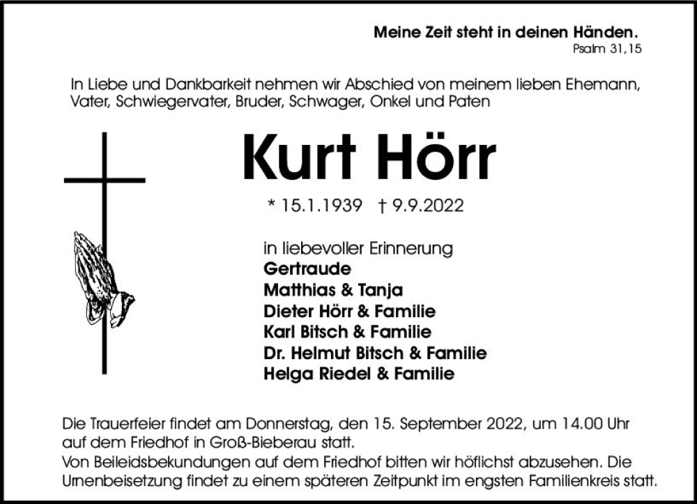  Traueranzeige für Kurt Hörr vom 13.09.2022 aus vrm-trauer Darmstädter Echo