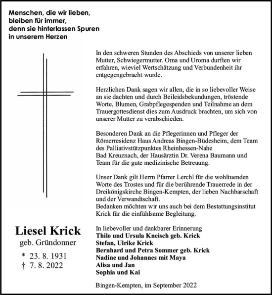Traueranzeige von Liesel Krick von vrm-trauer Allgemeine  Zeitung Ingelheim-Bingen
