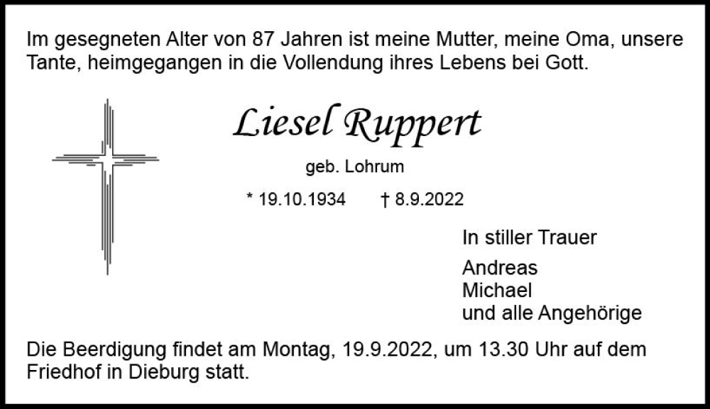  Traueranzeige für Liesel Ruppert vom 17.09.2022 aus vrm-trauer DieburgerAnzeiger/Groß-Zimmerner Lokala