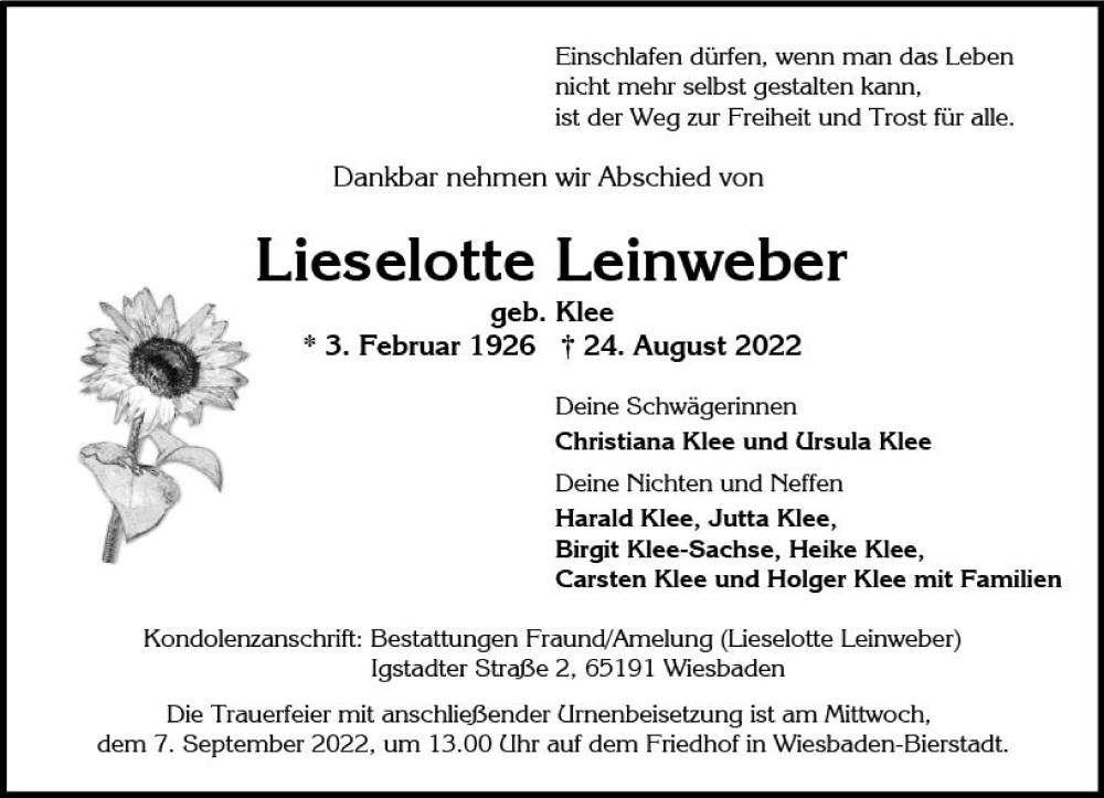  Traueranzeige für Lieselotte Leinweber vom 03.09.2022 aus vrm-trauer Wiesbadener Kurier