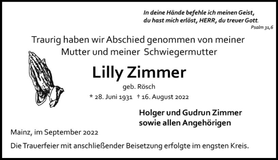 Traueranzeige von Lilly Zimmer von vrm-trauer Wormser Zeitung