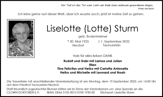 Traueranzeige von Liselotte Sturm von vrm-trauer WK-UTA