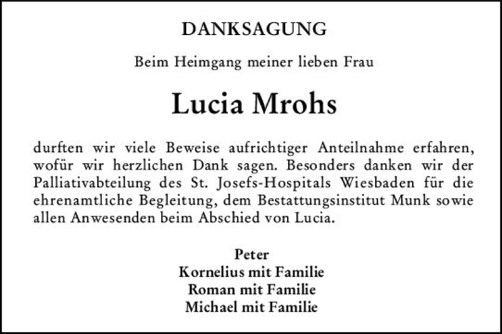  Traueranzeige für Lucia Mrohs vom 23.09.2022 aus vrm-trauer Hochheimer Zeitung