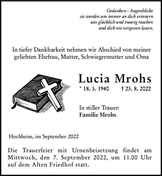Traueranzeige von Lucia Mrohs von vrm-trauer Hochheimer Zeitung