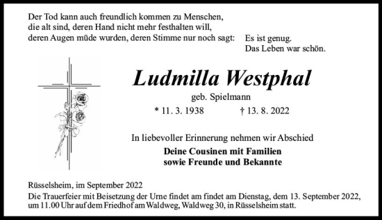 Traueranzeige von Ludmilla Westphal von vrm-trauer Rüsselsheimer Echo / MainSpitze