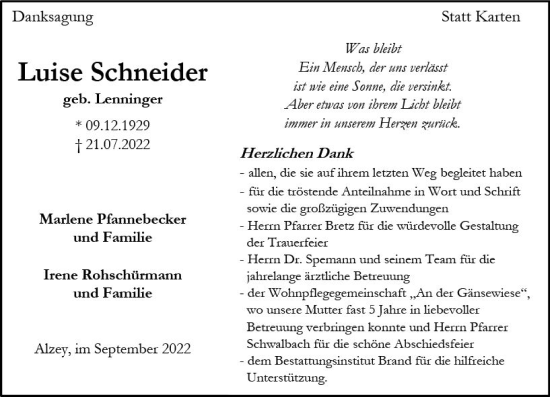 Traueranzeige von Luise Schneider von vrm-trauer Allgemeine Zeitung Alzey