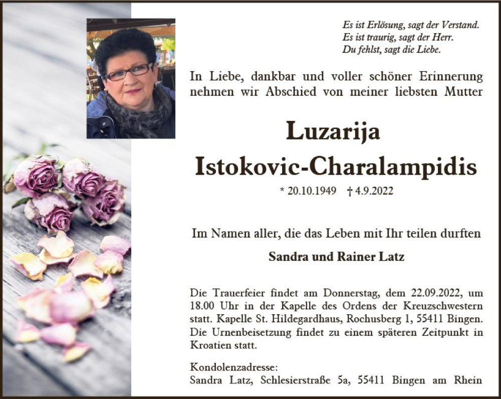  Traueranzeige für Luzarija Istokovic-Charalampidis vom 20.09.2022 aus vrm-trauer Allgemeine  Zeitung Ingelheim-Bingen